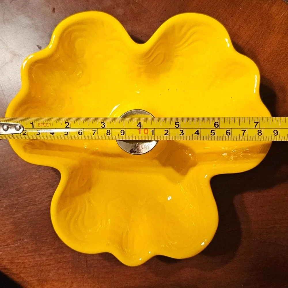 Vintage Yellow Ceramic 3 Section Candy Dish Gold Handle Mid Century Modern 7.5in